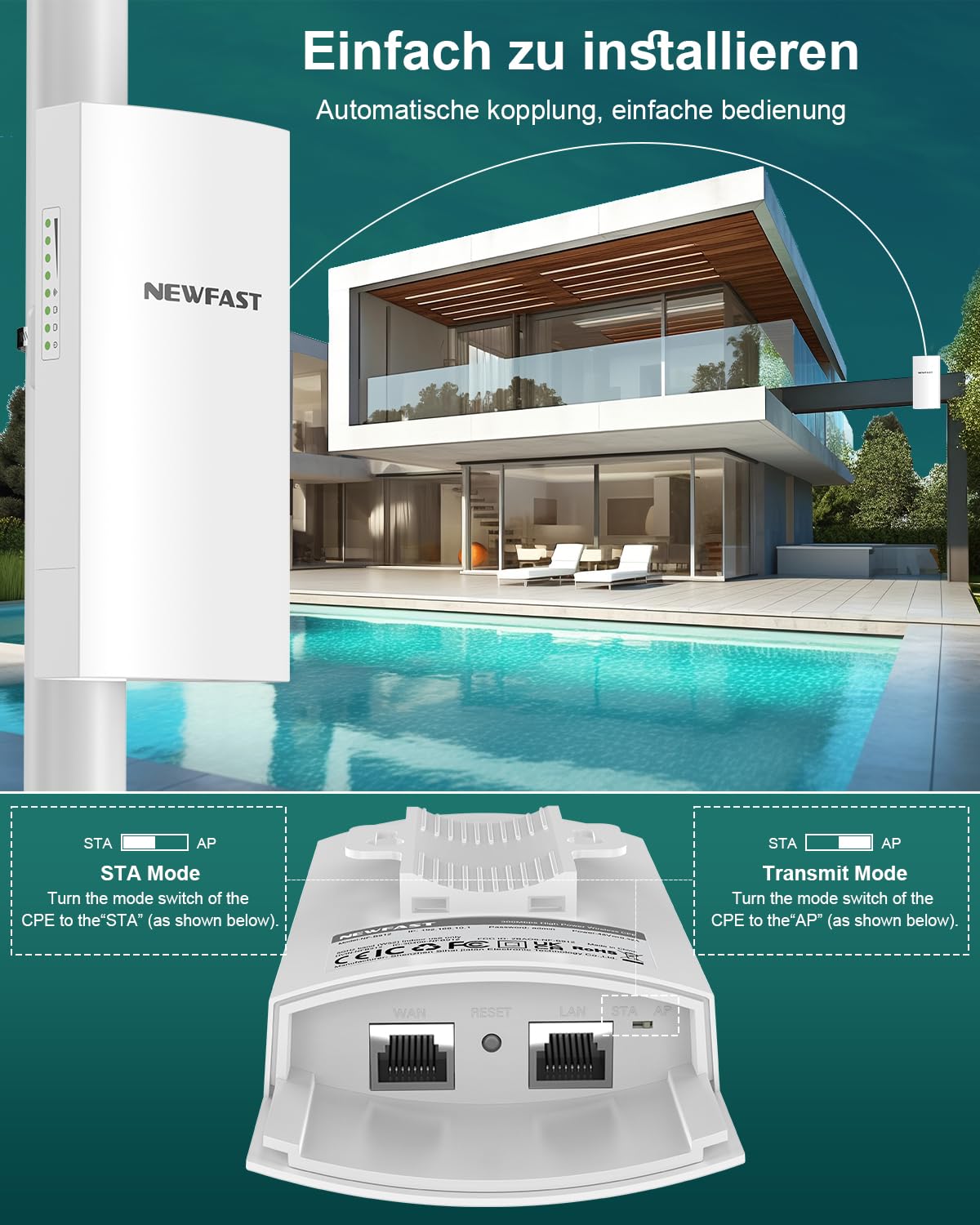NEWFAST Outdoor CPE,300Mbps Neuester Outdoor WLAN Access Point Für Bauernhof,WLAN Bridge mit 11dBi Antenne,5.8G 3KM Getriebe stabil,48V POE Power,Wasserdicht,Supports Bridge/AP/Repeater/Routing Modus