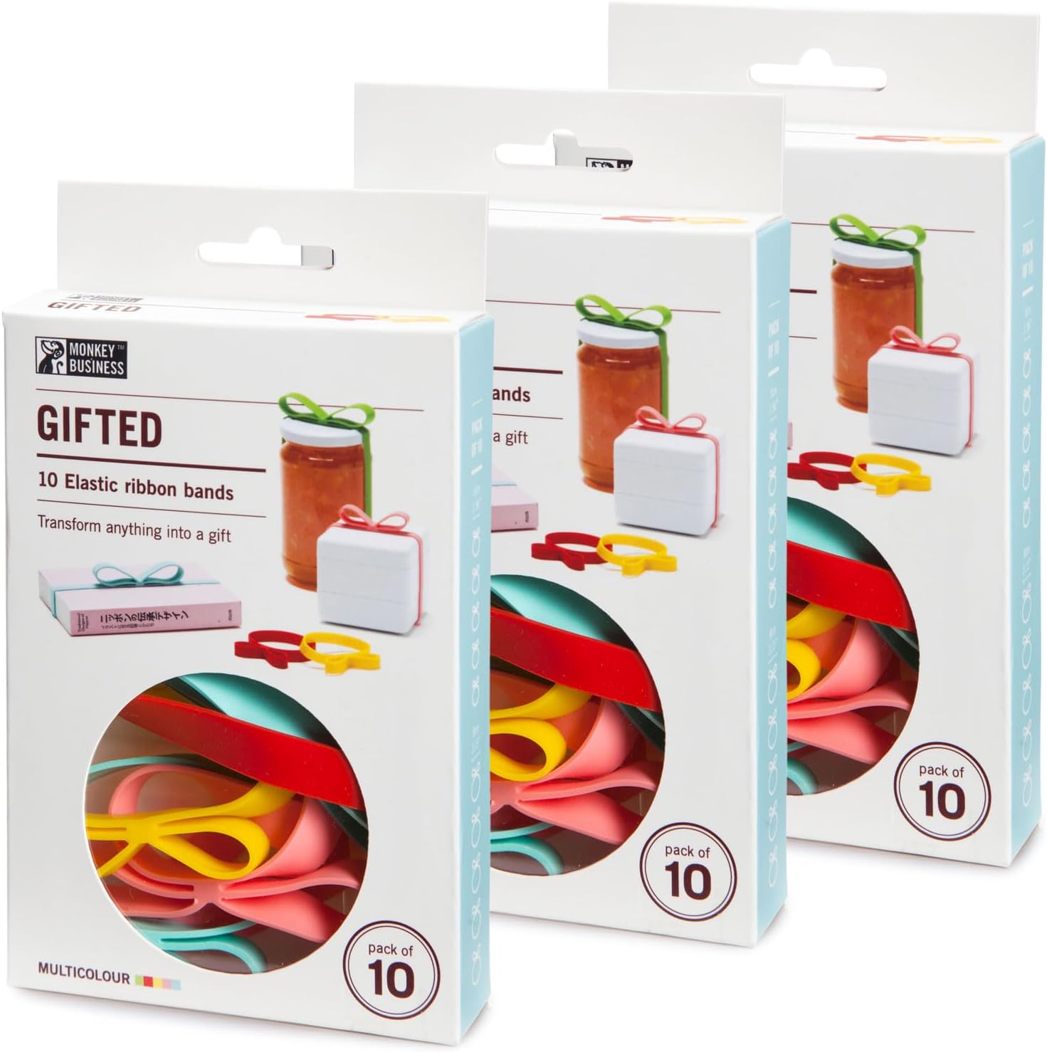 Monkey Business Gifted Multicolor: Elastic Silicone Ribbon Bands for Gift Wrapping, Presents Packaging Solution, Super Saver Pack of 3 (10 Bands per pack) in 2 Sizes