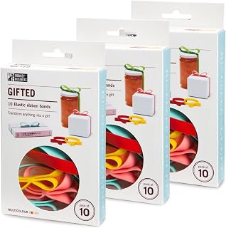 Monkey Business Gifted Multicolor: Elastic Silicone Ribbon Bands for Gift Wrapping, Presents Packaging Solution, Super Saver Pack of 3 (10 Bands per pack) in 2 Sizes