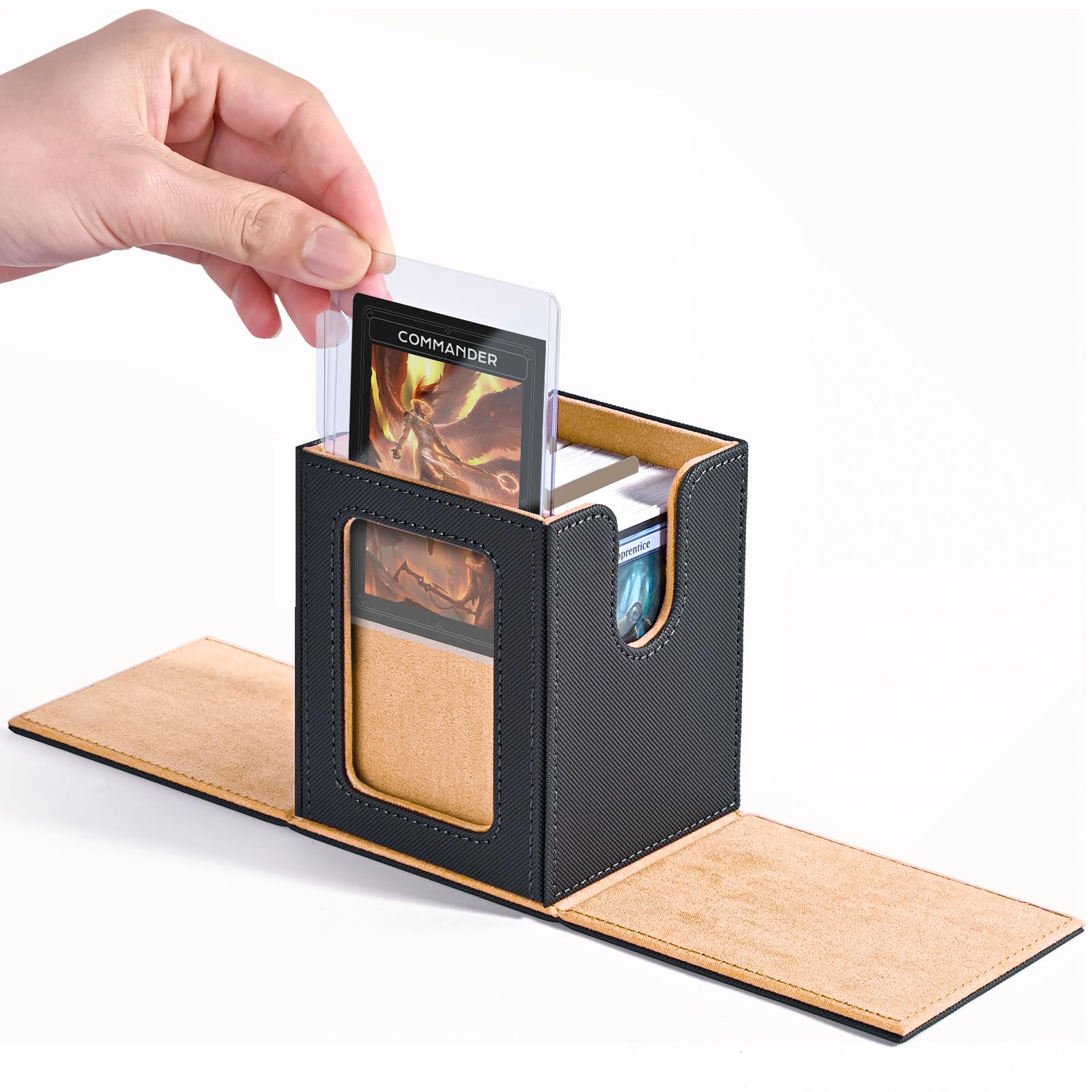 ZLCA MTG Deck Box with Commander Window Display, Trading Card Storage Box Holds 100 Double-Sleeved Cards Suitable for TCG/CCG/PTCG/EDH/Magic/Sport Cards (Grey&Khaki)