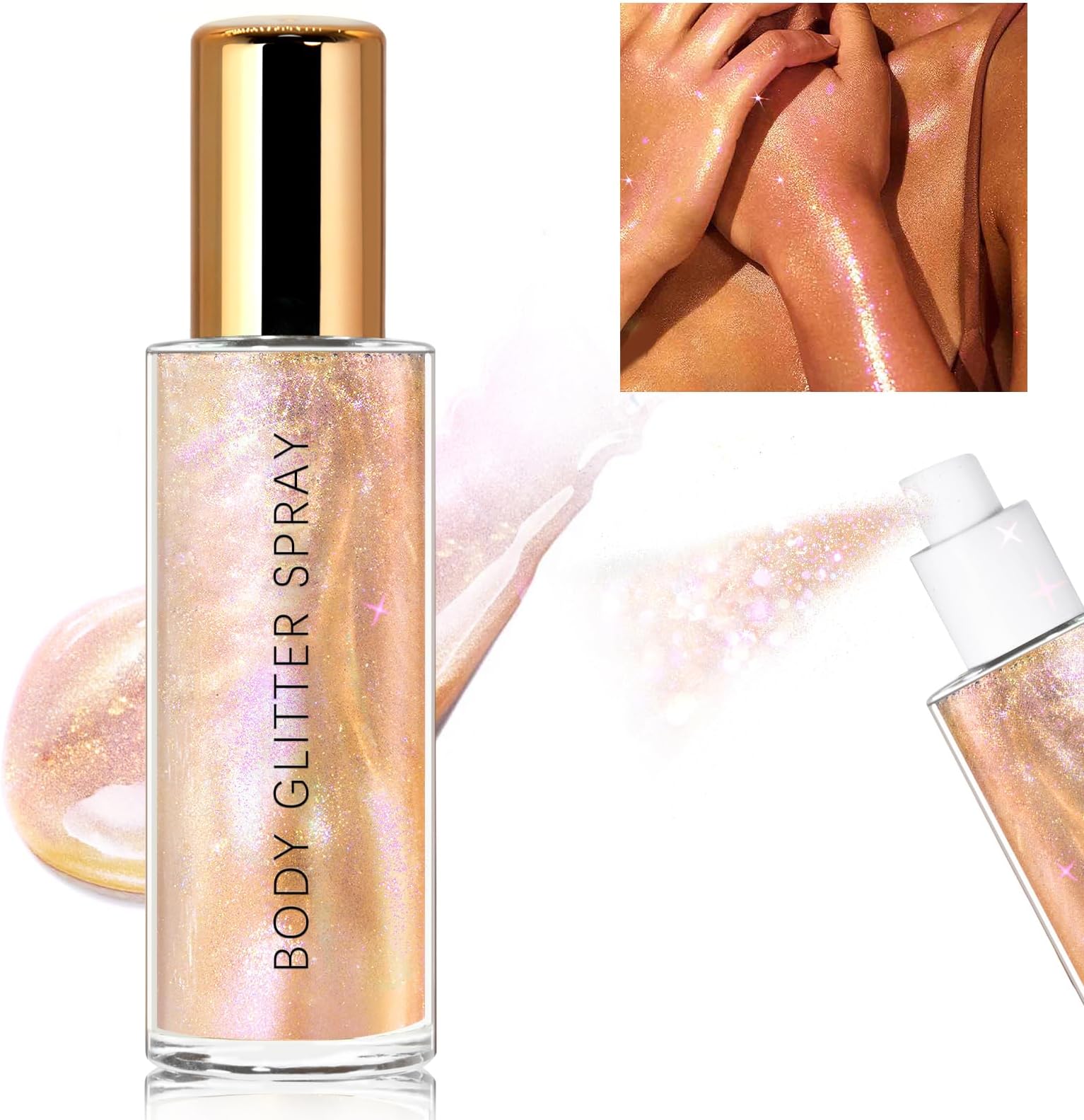 HOSAILY Body Glitter Spray, Moisturizing Bronze Body Shimmer Luminizer Glow Illuminator Quick-Drying and Non-Sticky Liquid Highlighter Spray for Face Hair Glitter, 60ML -Rose Gold