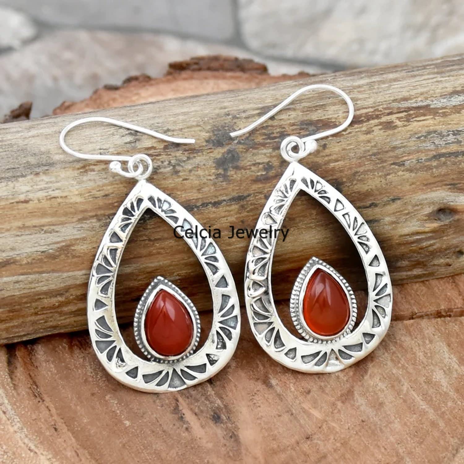 Orecchini pendenti in vero argento sterling 925 per le donne, orecchini delicati con pietre preziose naturali di onice rosso, orecchini artigianali unici