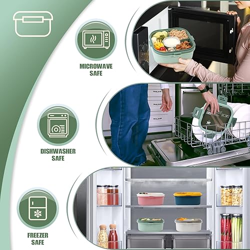 Miniatura 3 de Caja bento, contenedor apilable para ensalada, 60 onzas, bandeja Bento versátil de 4 compartimentos, cuchara y tenedor reutilizable, apto para