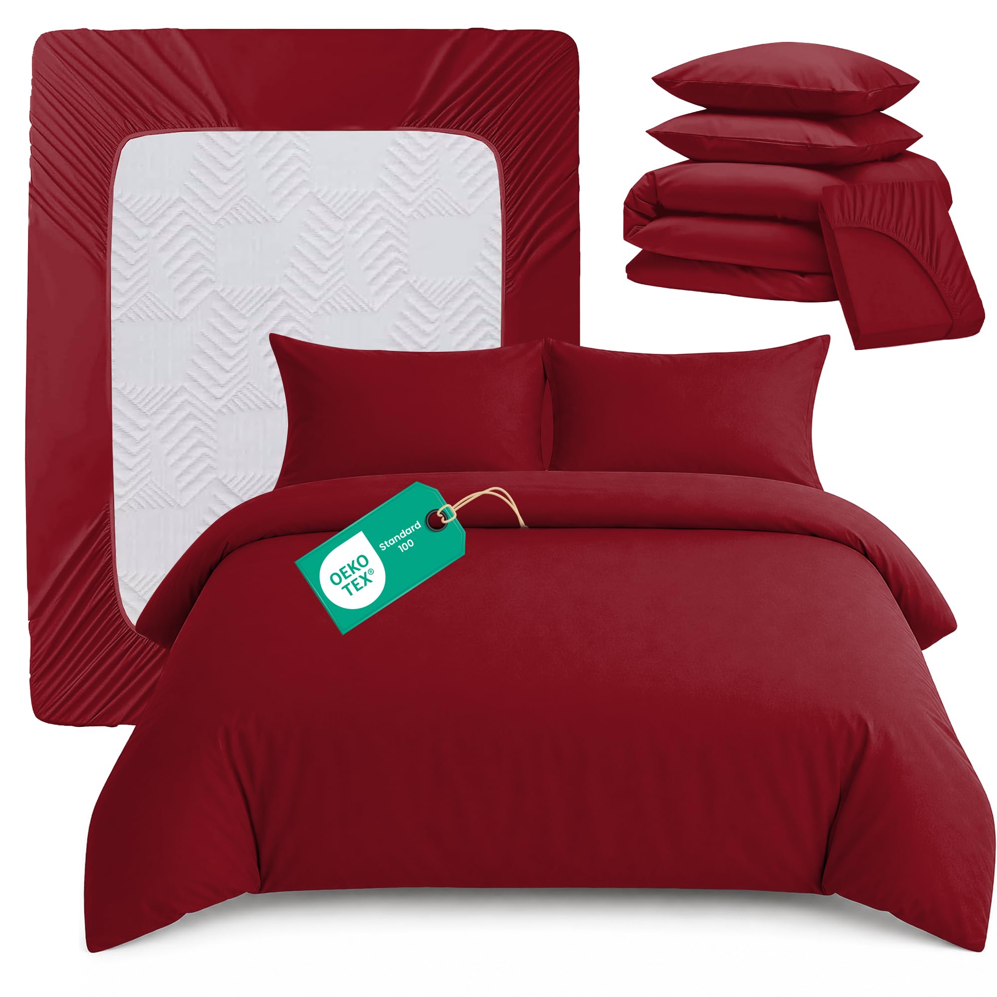 Linens World King Size Duvet Cover Set 4 Piece โ OEKO-TEX Certified Ultra Soft Brushed Microfiber Bedding Set with 26cm Deep Fitted Sheet & 2 Pillowcases, Button Closure, (Burgundy, 230 x 220 cm)