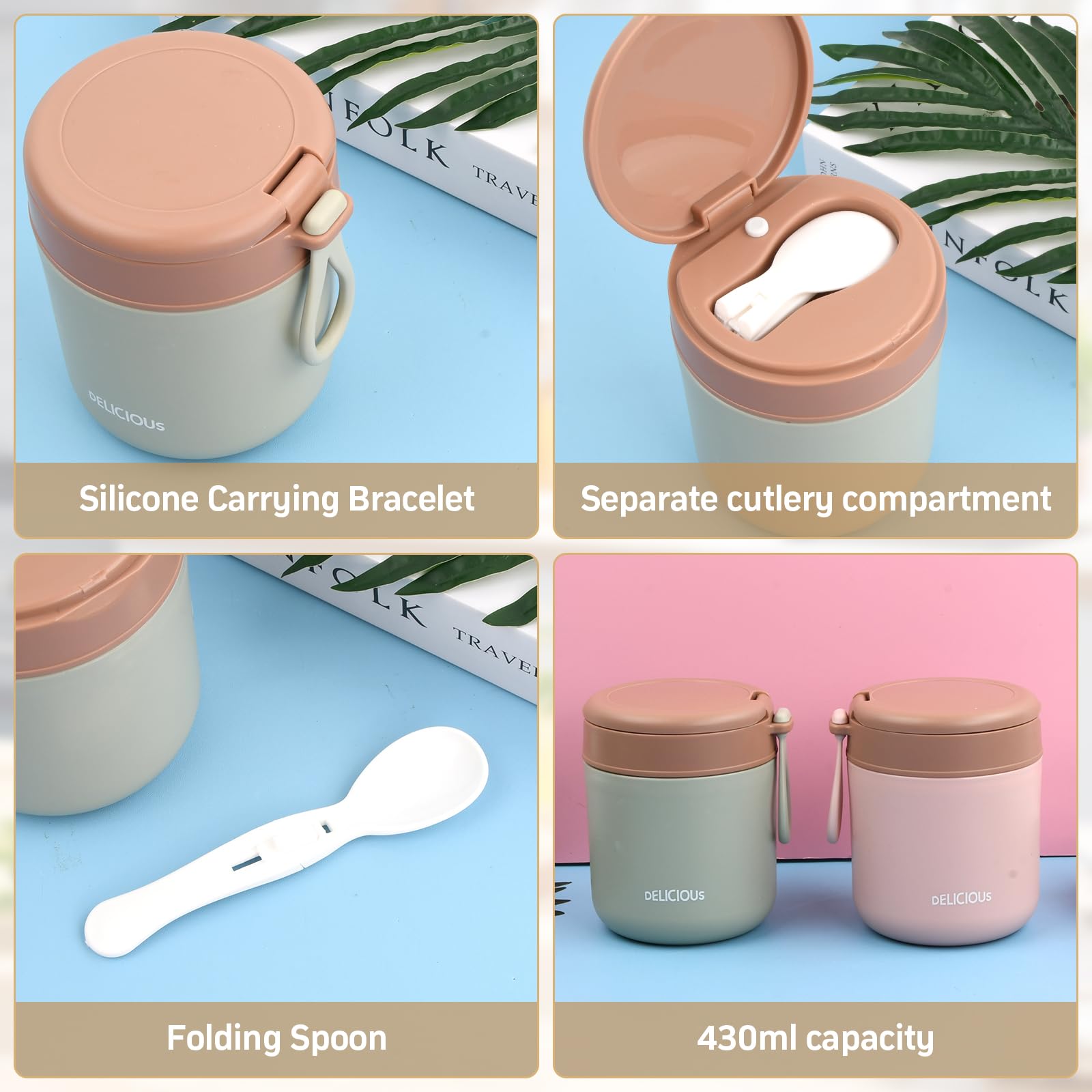 ZWOOS Thermos Alimentaire Chaud 850 Ml, Acier Inoxydable Boite Repas Isotherme Avec Poignée, Boite Alimentaire Isotherme Avec Cuillère, Sans BPA, Pour Ecole, Bureau, Camping