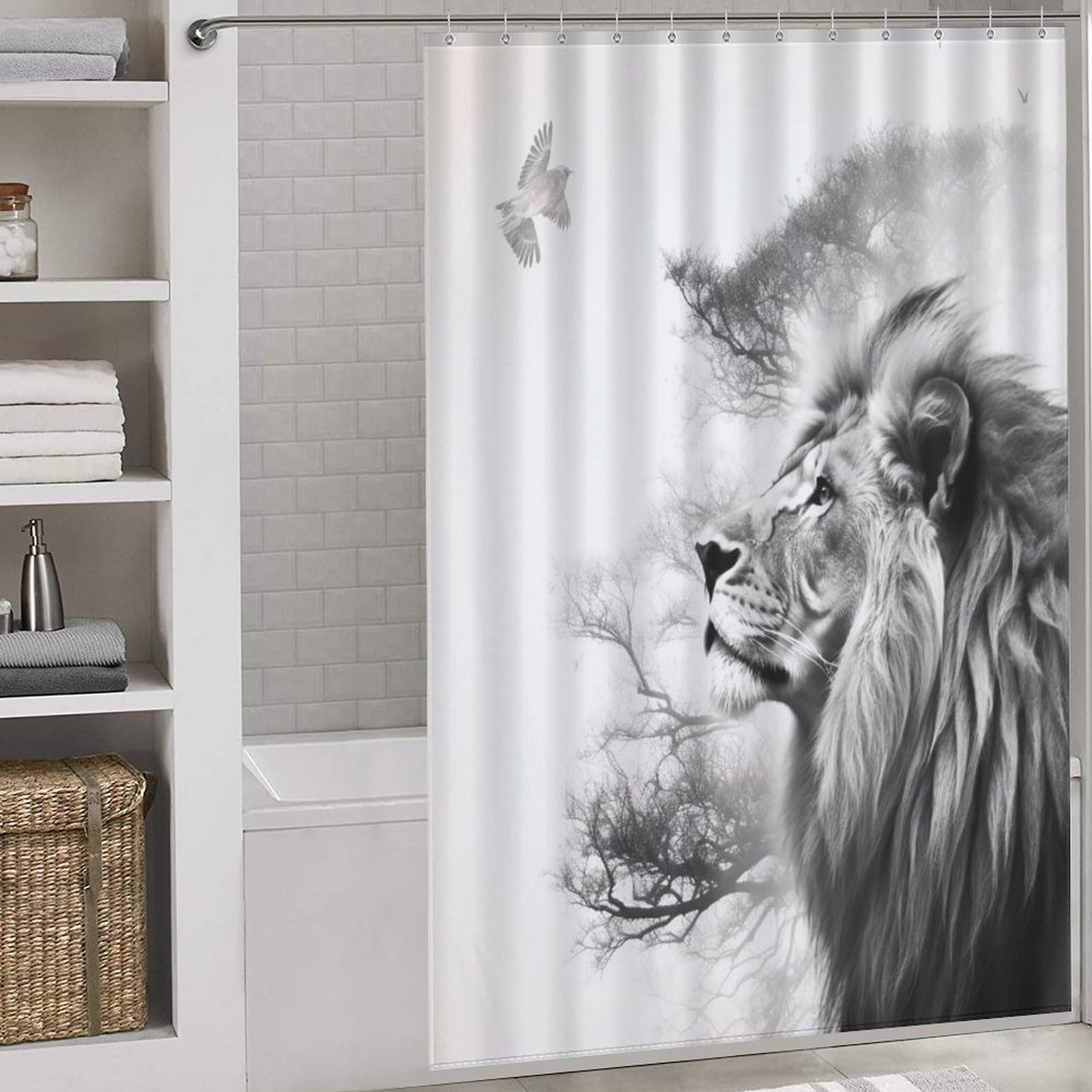Rideau de douche lion imperméable à séchage rapide en tissu polyester lavable