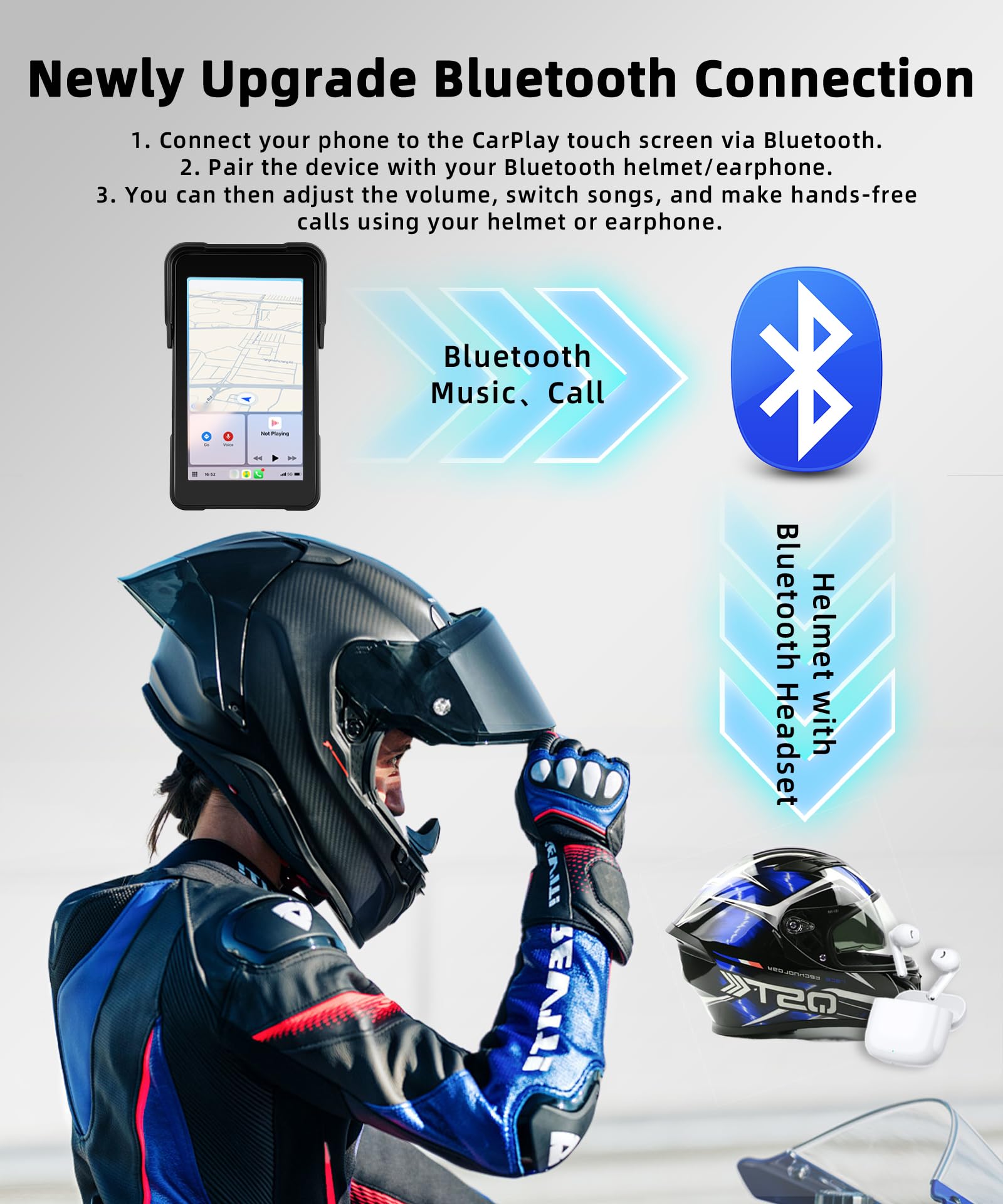 VECHTEL Wireless CarPlay da 5 pollici verticale Schermo per moto CarPlay Android Auto,touchscreen impermeabile Bluetooth,Nav/Assistente Siri/12V,il monitoraggio della pressione dei pneumatici
