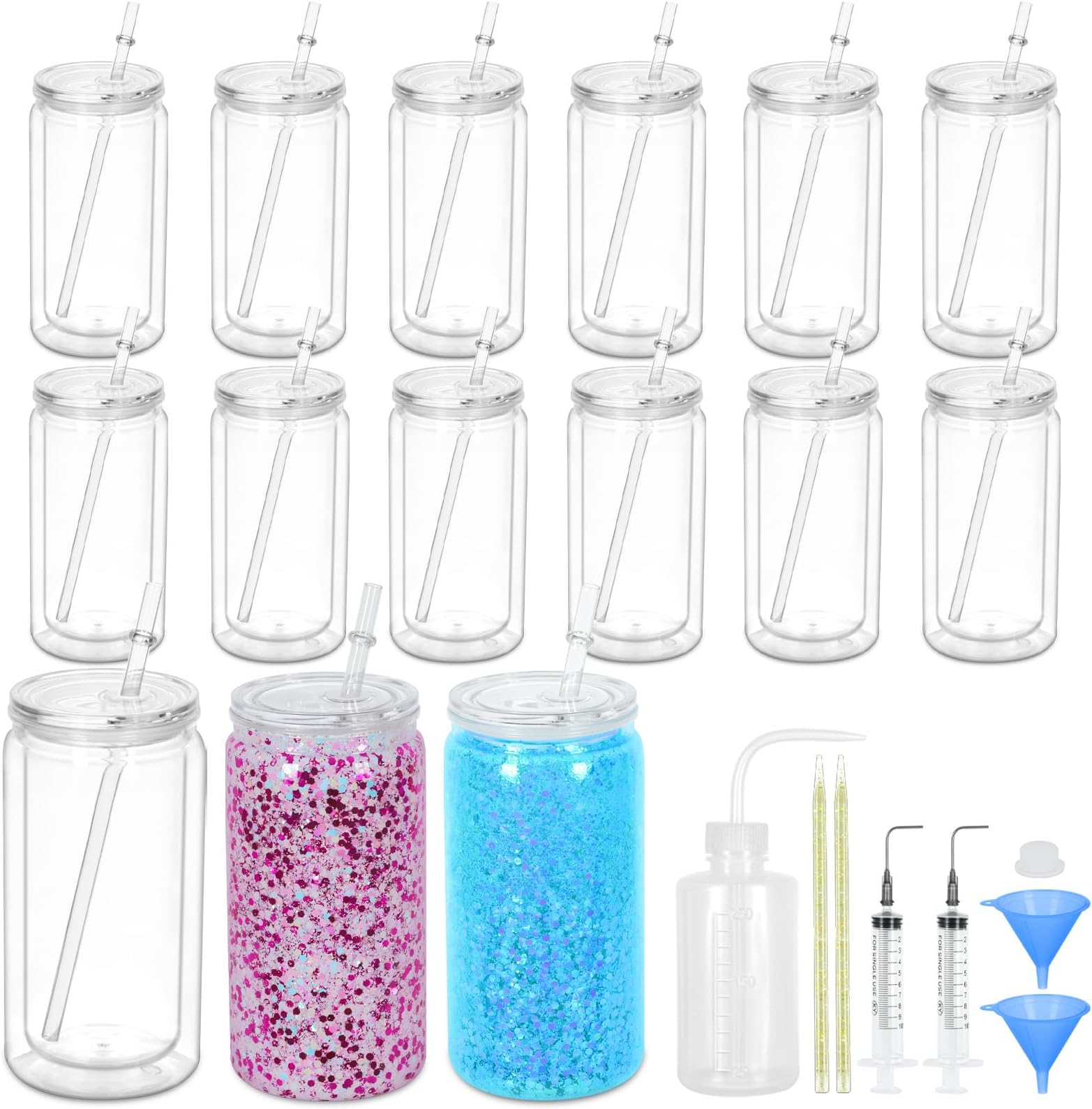15 Pack Acrylic Snow Globe Tumbler, 16 Oz Pre Drilled Double Wall Snow Globe Supplies Kit, Plastic Snowglobe Tumbler Diy Kit Including Cups And Diy Tools