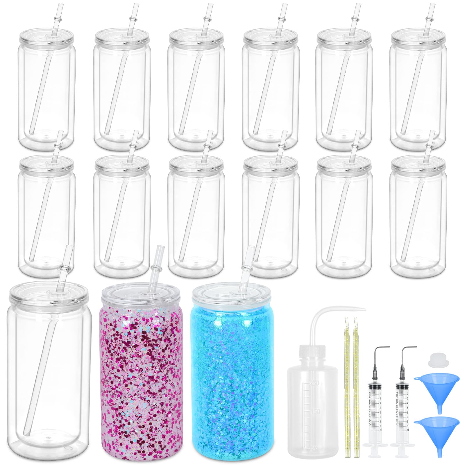 15 Pack Acrylic Snow Globe Tumbler, 16 Oz Pre Drilled Double Wall Snow Globe Supplies Kit, Plastic Snowglobe Tumbler Diy Kit Including Cups And Diy Tools