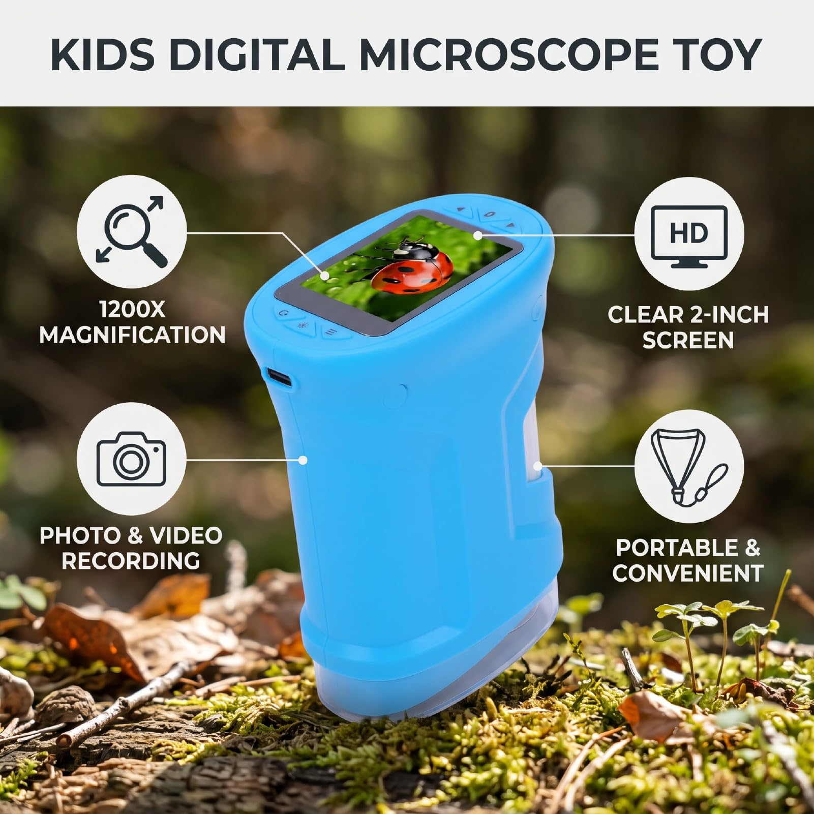 Microscopio Digitale Bambini 2in, Ingrandimento 0-1200x (BLUE)