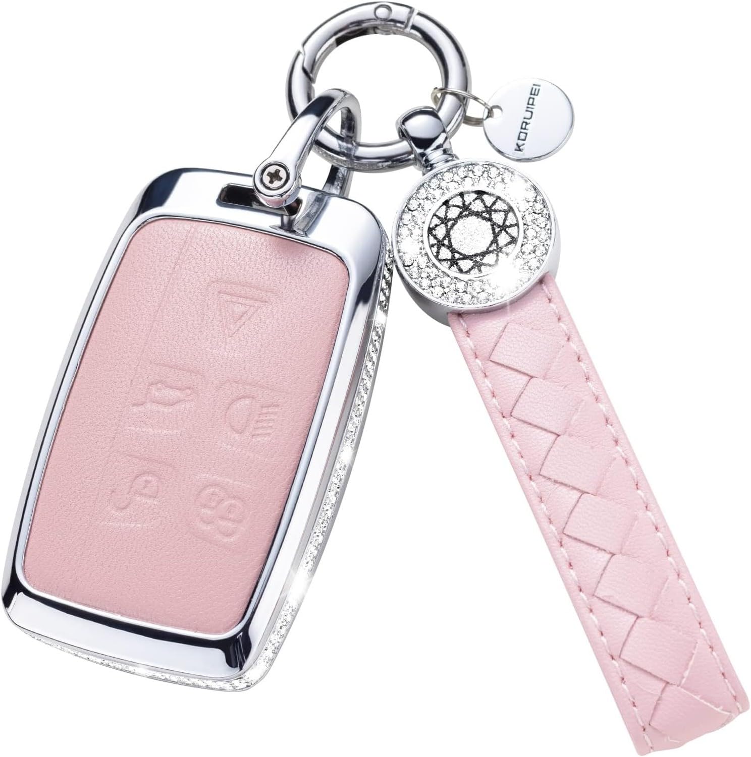 KGAIXN Pink Faux Leather Car Key Fob Cover with Keychain, for Land Rover Discovery Sport Evoque Velar Jaguar F-Pace XE XF F-Type XJ, model1-pink, model1-pink
