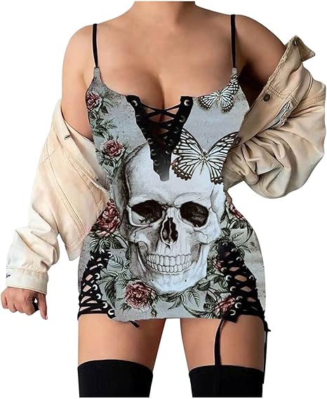 AMhomely Sexy Dresses for Women Going Out Elegant Party Clubwear Clearance UK Ladies Casual Skull Print V-Neck Tie Up Sleeveless Slip Dress Mini Dress Y2K Mini Dress Summer Bodycon Dresses
