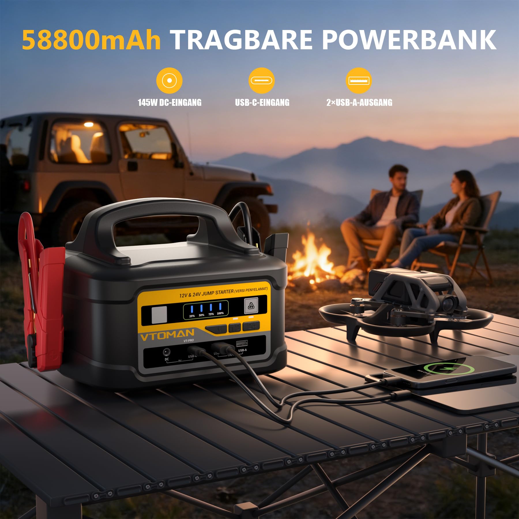VTOMAN VT-PRO 10000A 12V/24V Starthilfe Powerbank – 58800 mAh Tragbare Autobatterie Starthilfe mit 145W Schnellladung, Starthilfegerät für LKWs, Wohnmobile und Yachten (Alle Benzin & Alle Diesel)