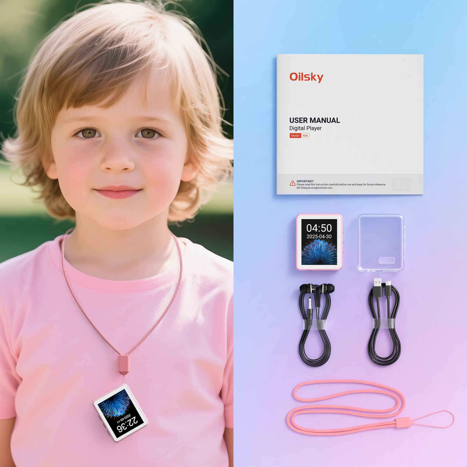 128GB Lettore MP3 con Bluetooth, Oilsky 1,8'' Mini Touchscreen MP3, Altoparlanti Incorporati e Radio FM, Lettore Musicale Perfetto per Bambini e Sport (Rosa)