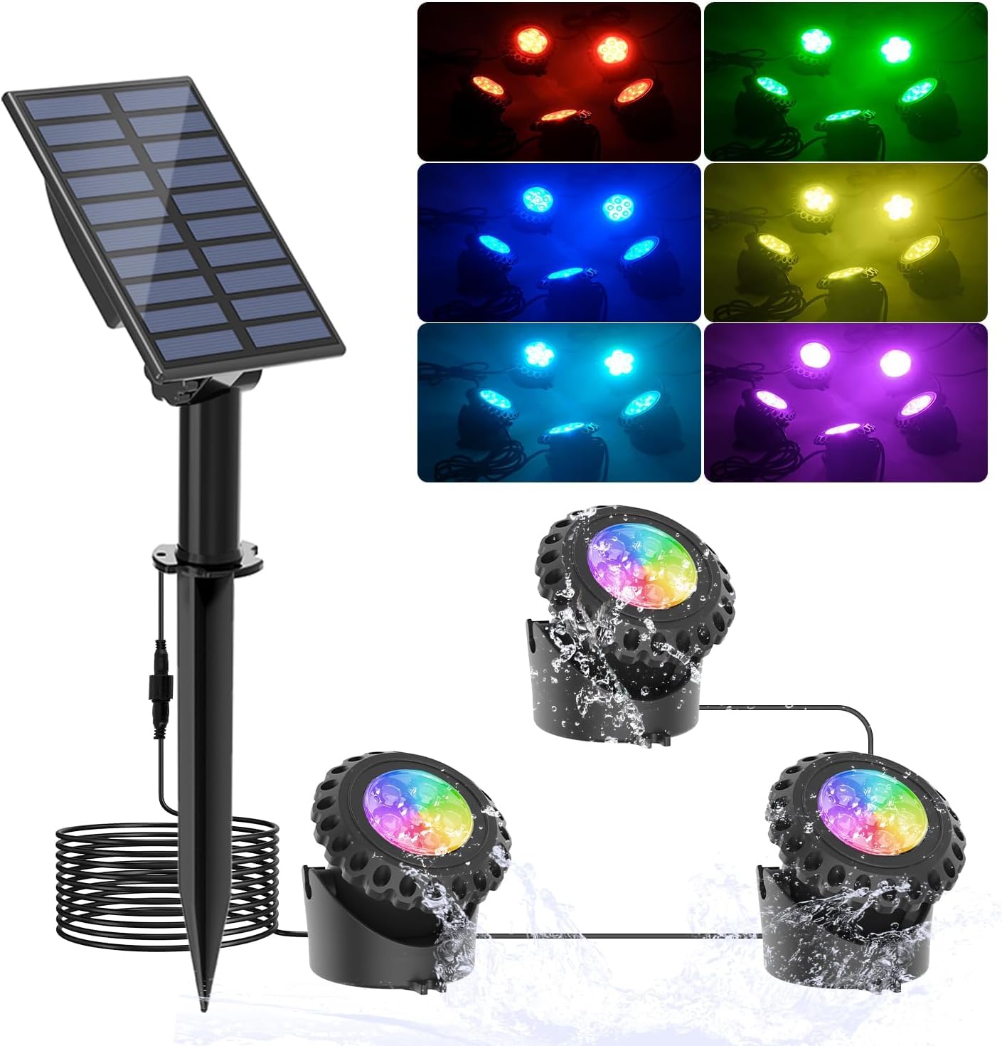 NATPOW RGB Teichbeleuchtung Solar, IP68 Wasserdicht Unterwasser Licht Solar Farbwechsel Unterwasserbeleuchtung Teich Licht Für Terrasse, Dekoration, Garten (3 en 1)