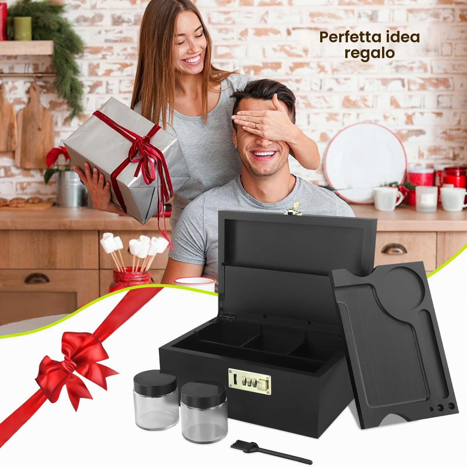 Scatola Grande in Bambù con Vassoio Scorrevole per Rollare, Scatola Portaoggetti Decorativa Multifunzionale, Set regalo di immagazzinaggio con Barattoli di Vetro e Spazzola per Pulizia (nero)