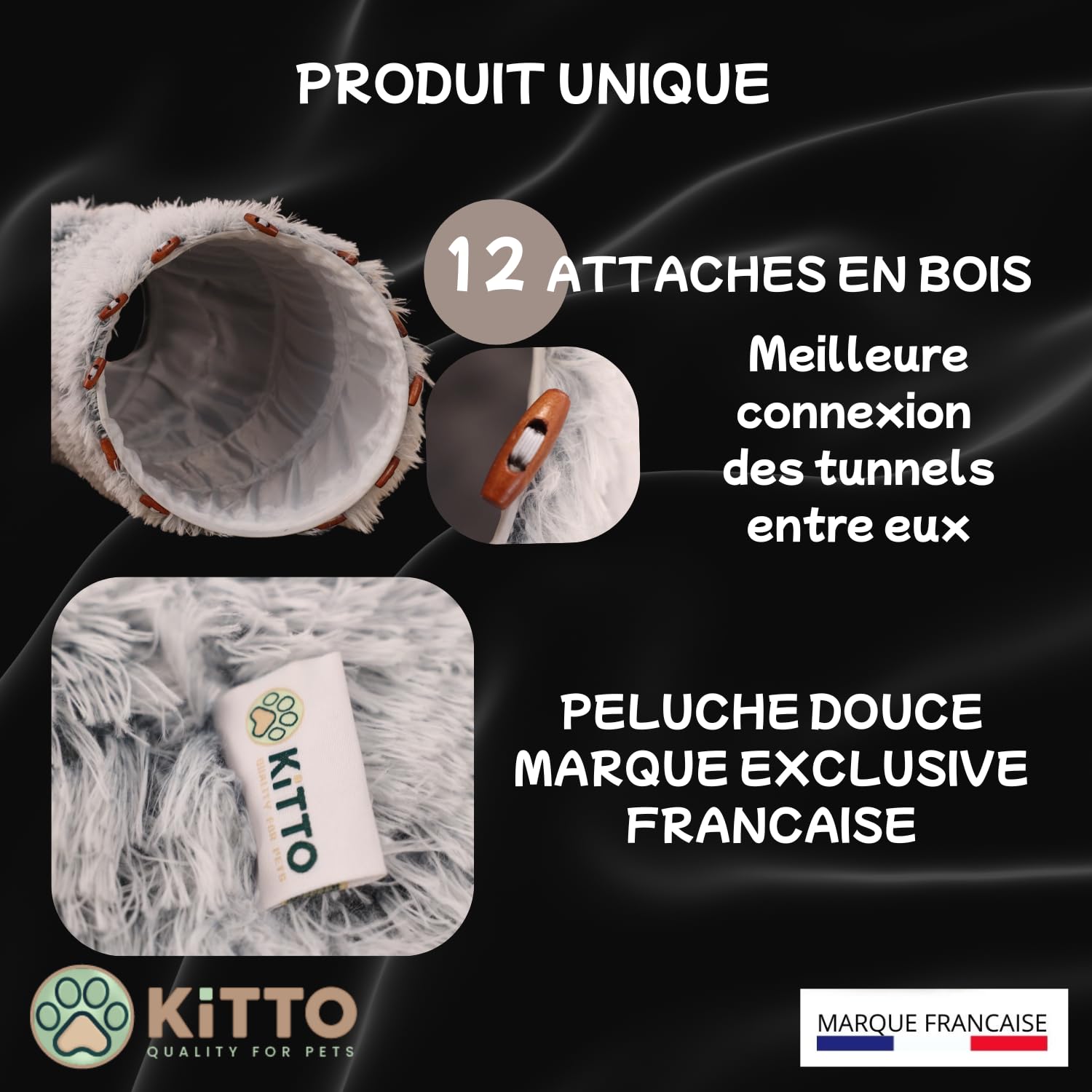 Kitto - Tunnel pour Chat - Panier Moelleux avec Coussin lit - Tunel Cat Jeu - Cabane, Niche - Tunnelle modulable - Rond -Convient pour Chat XXL, Petit Chien, Lapin, Furet - 12 Attaches en Bois
