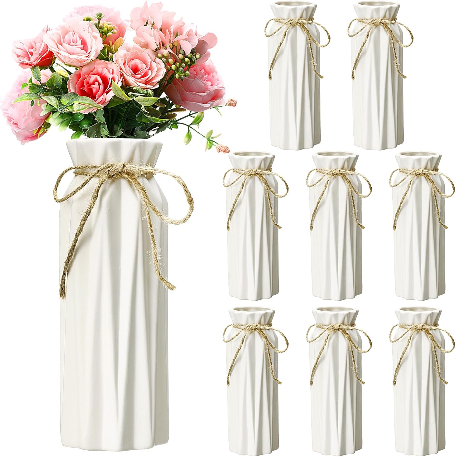 Qinyoung White Ceramic Bud Vase Set of 8, 8'' Small White Flower Vase for Centerpieces, Modern Floral Decor for Wedding Party Dining Table Home Decoration(Classic)