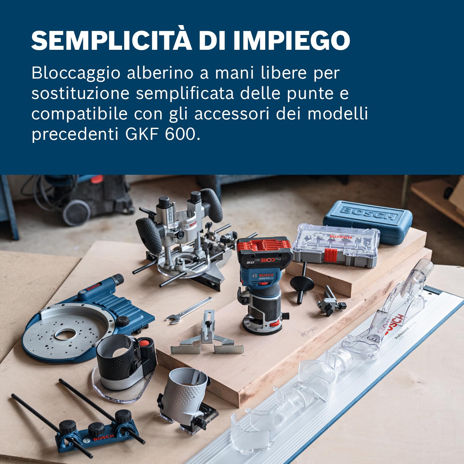 Bosch Professional 18V System Rifilatore a batteria GKF 18V-8 (incl. guida parallela, 2 adattatori aspiratore rifilatura, protez. trucioli, pinza 8 mm, chiave, L-BOXX, senza batteria/caricabatteria)