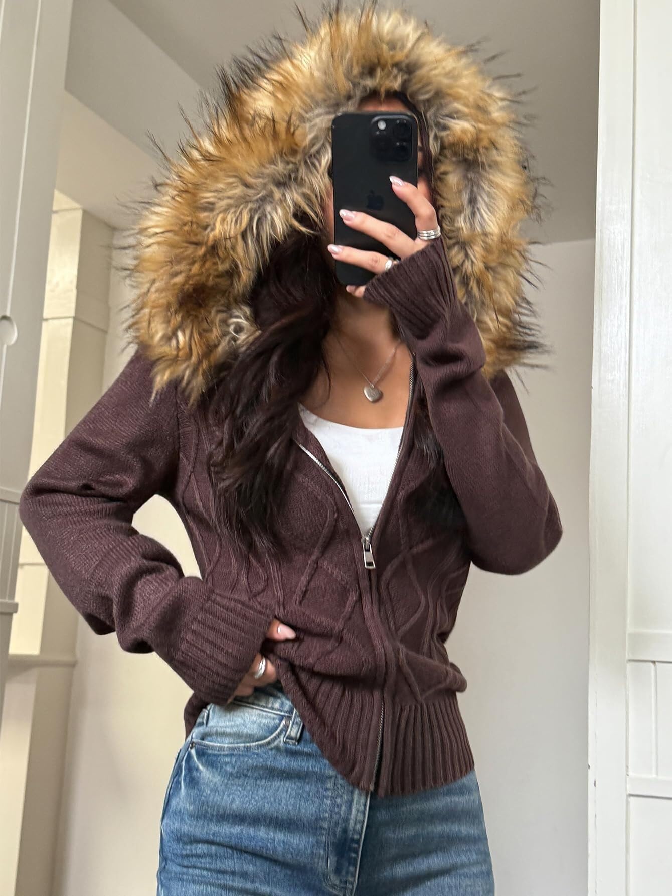 Maglione da donna Y2k con zip e collo di pelliccia, grosso, taglio grosso, cardigan lavorato a maglia, per adolescenti, emo, grunge, anni 2000, abbigliamento vintage streetwear