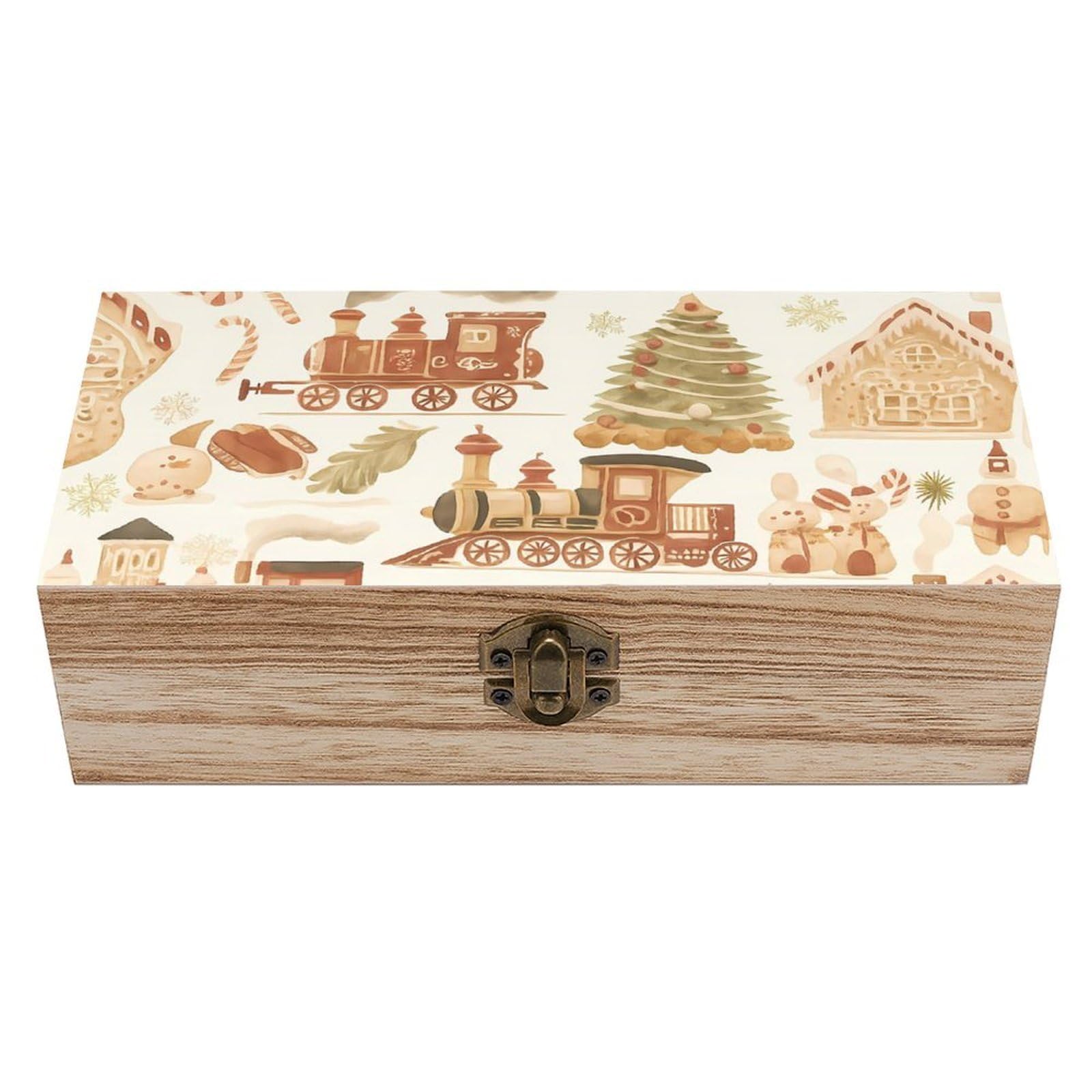 Oudrspo Xmas Gingerbread House And Train Retro Wooden Storage Box Keepsake Jewelry Decorative Art Storages Box Gift Boxs
