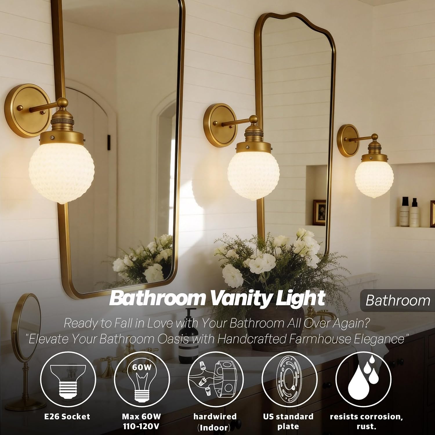 Gold Vanity Light,Vintage Brass Wall Sconce with Milky White Glass, Soft No Glare, Easy Clean, Hardwired E26 Lamp Holder for Bathroom Mirror Kitchen Sink