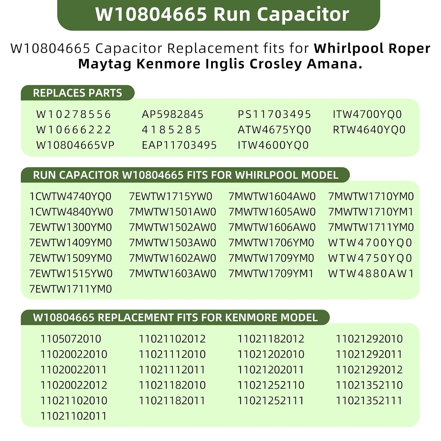 W10804665 Run Capacitor W10804665VP Washer Run Capacitor 45uF Fits for Whirlpool Kenmore Maytag Amana Replacement for AP5982845 4185285 EAP11703495 PS11703495