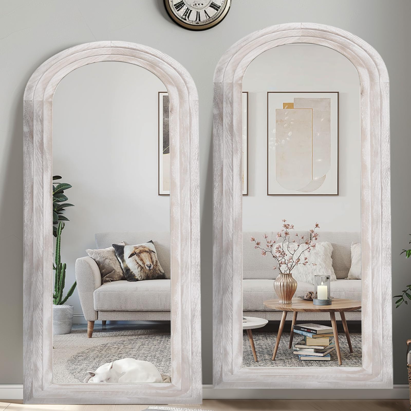 MAXEN Großer Bogen Ganzkörperspiegel 180x80 cm, Gewölbter Standspiegel | Und Wandspiegel Mit Massivholzrahmen, Bauernhaus-Stil, Bruchsicheres Glas, Weiß, Für Schlafzimmer Und Wohnzimmer.