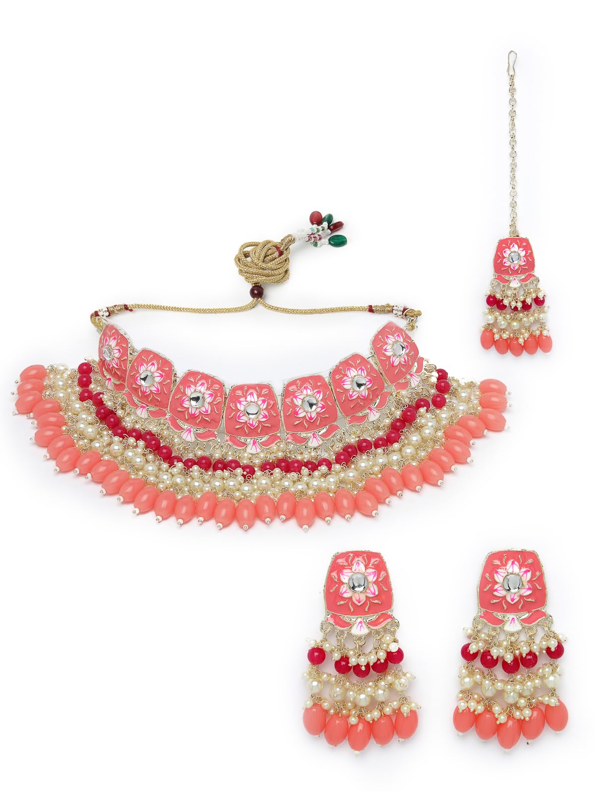 Studio SukkhiAdmirable Gold Plated With Enamel Pink Choker Necklace Set with Dangler Earrings And Maangtika | Jewellery Set For Women And Girls (NS105807)