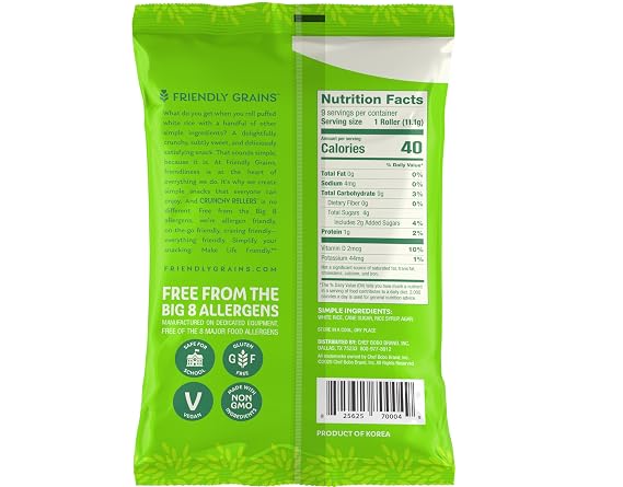 Classic White Rice Crunchy Rollers - Sweet Rice Snacks, Crispy Puffed Rolls, Healthy Snack Rolls for Adults and Kids - Friendly Grains - 3.5 oz (12 Packs of 9)