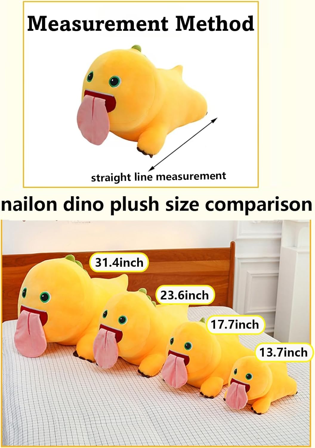 Large Nailon Dino Plush Pillow 13.7-inch Dinosaur Soft Stuffed Animal Toy Yellow Nailon Huggable Plushie Gift for Valentine's Day Birthday Christmas Room Decor (35 Cm B)