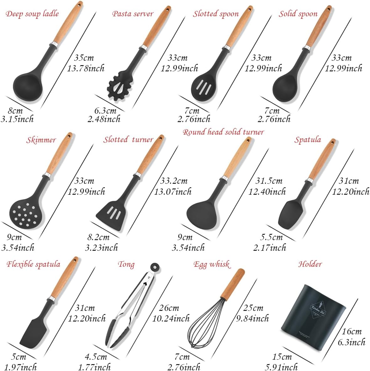 12-piece Silicone Kitchen Utensils Sturdy Thickened Wooden Handle Cooking Utensils Kitchen Gadgets Spatulas Set for Nonstick Cookware