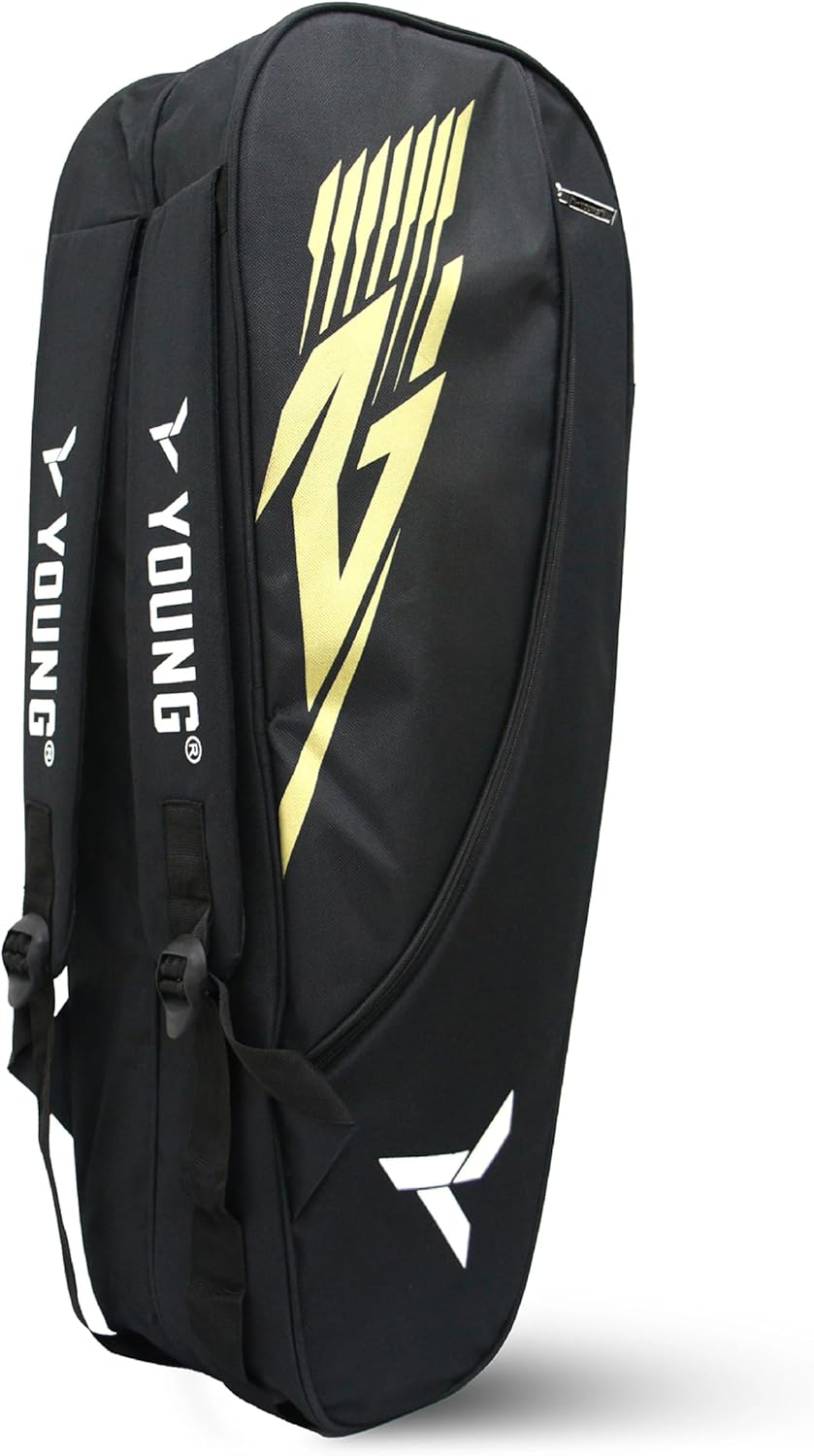 YOUNG R2 Double Zipper Badminton Kitbag with Side Pouch (Black Gold)