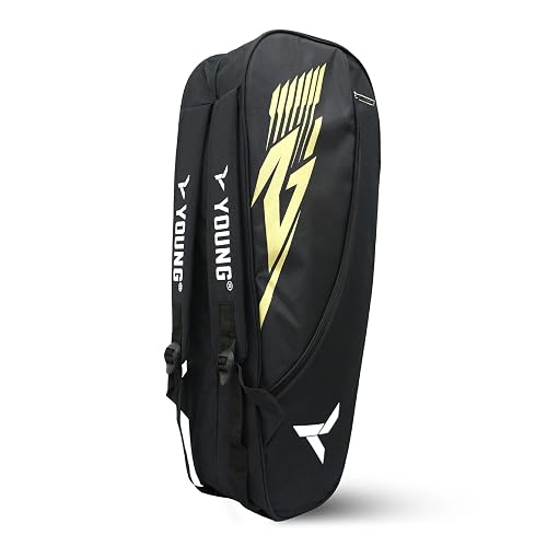 Young R2 Kitbag Double Zipper | Durable Polyester | Side Pouch | Backpack Type Badminton Kitbag (Black Gold)