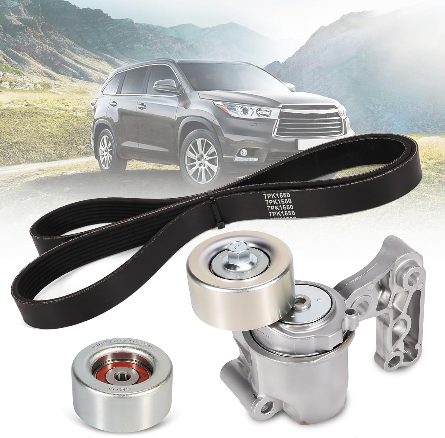 Serpentine Drive Belt Component Kit w/Tensioner & Idler Compatible with Le-xus ES350 RX350 IS250 To-yota RAV4 Sienna Camry Avalon Highlander Venza 2006-2018, Replace 90K-38410