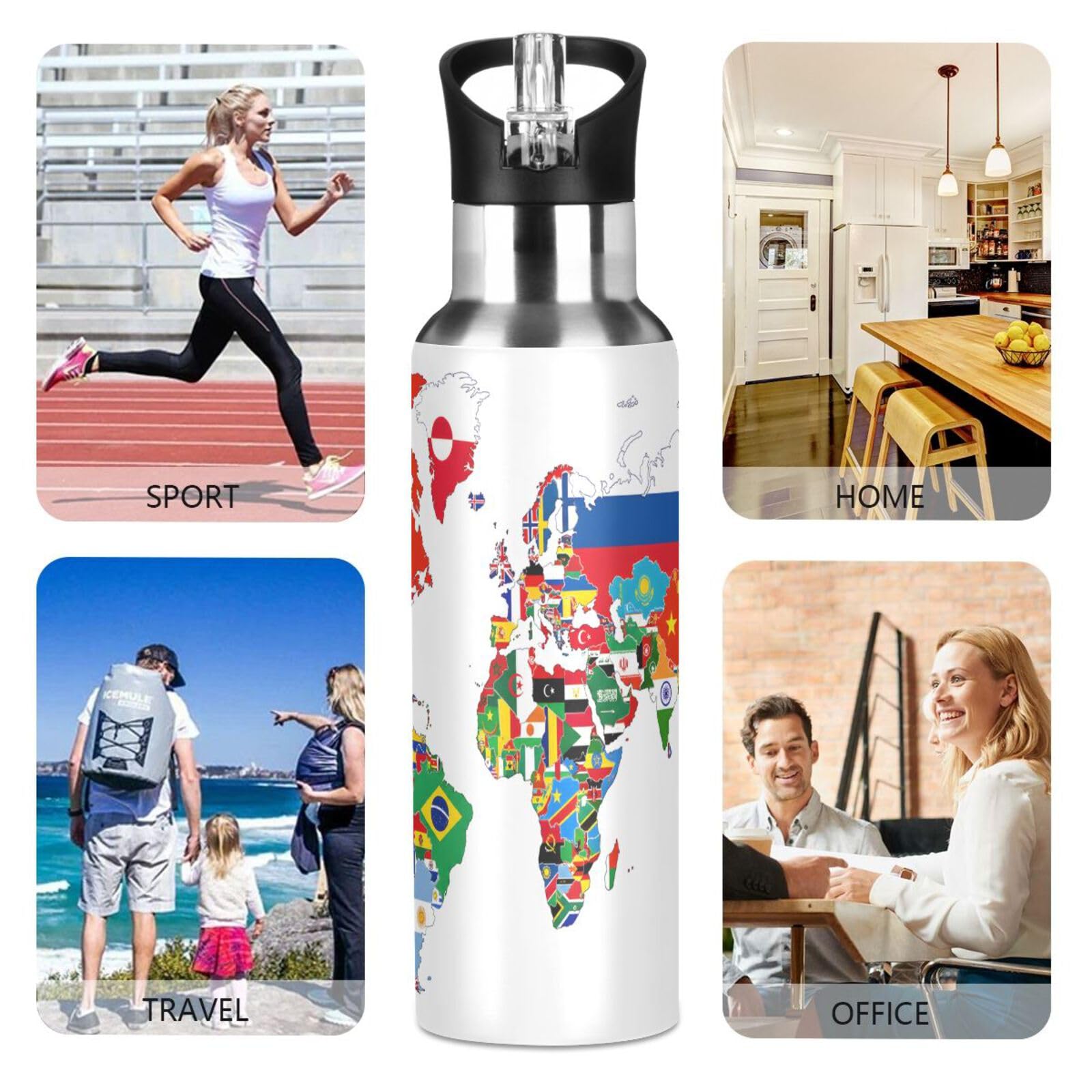 senya Wasserflasche mit Griff, Strohhalm-Deckel, vakuumisoliert, Edelstahl, Nationalflagge, Weltkarte, auslaufsicher, Sport-Kaffeemaschine, Tasse
