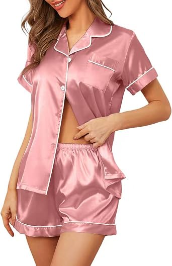 Womens Silk Pajama Set 2 Pcs Short Sleeve Sleepwear Button Down Pj | Satin Loungewear,Soft Breathable Sleep Tops and Shorts,Classic Nightwear Set for Pajamas Party/Brides Wedding,Chest Pocket