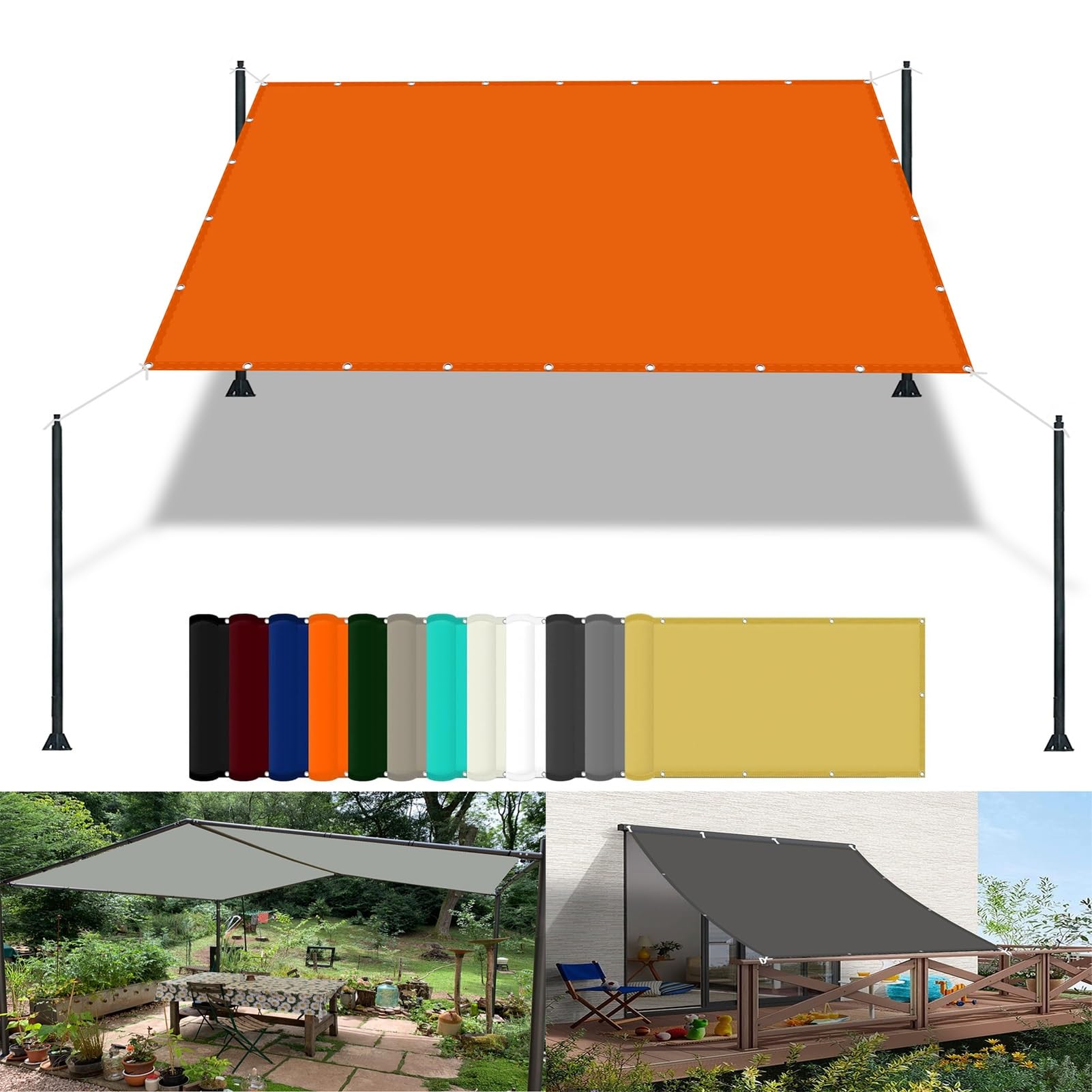 Shade Sails 2 x 3.8 m(6.6 x 12.5ft) Waterproof Sun Shade Sail Canopy with Free Rope UV Block Weather-Resistant with Grommets Pes Sunshade for Yard Backyard Lawn Plant, Orange — image 1