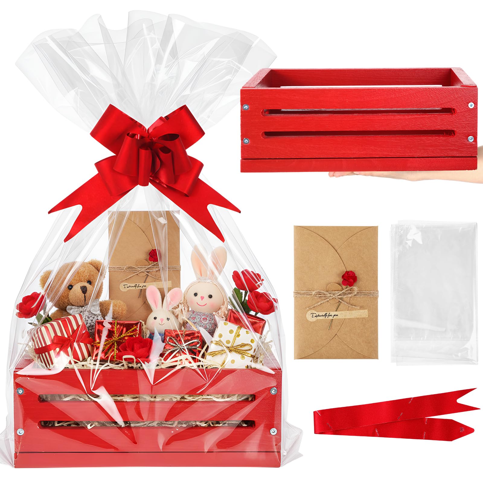 Wonderjune Wooden Gift Basket with Cellophane Bag Ribbon Greeting Card, Blank Wooden Basket for Birthdays Baby Shower Wedding Back to School Housewarming Gifts Packaging (Red, Small)-image-2