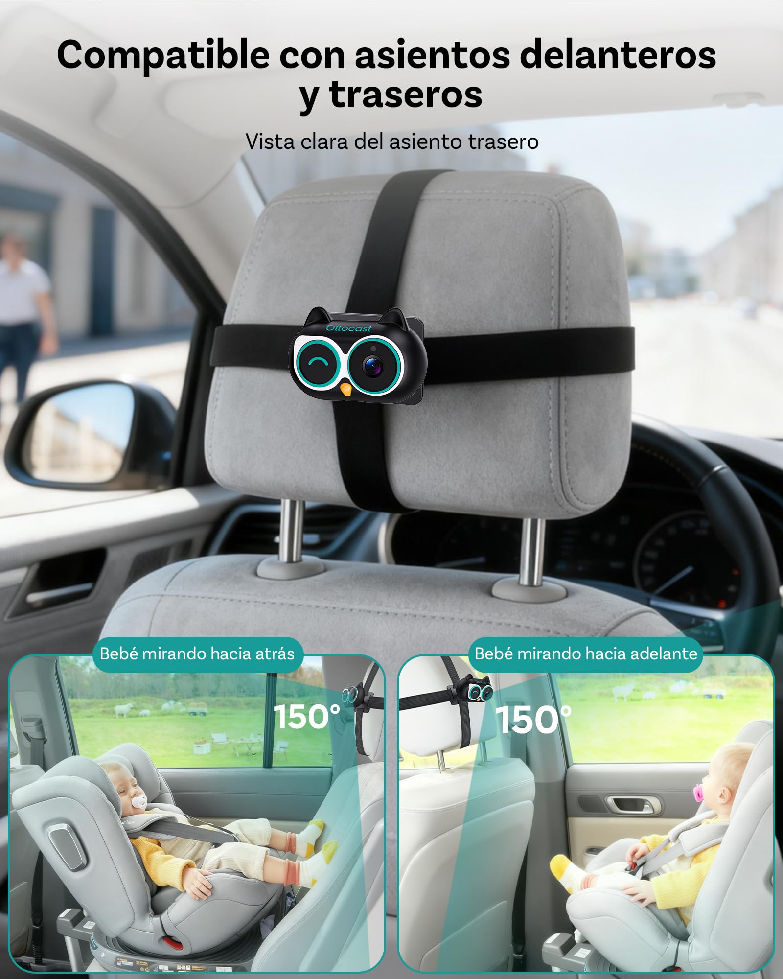 Ottocast Cabin Care CarPlay Adapter 2026, Ottocast Mini Cámara Asiento Trasero 1080P, USB-A Plug & Play, Solo para CarPlay con Cable de fábrica