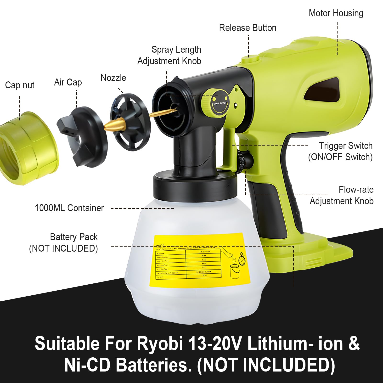 Sistema de pulverización recargable compatible con batería Ryobi de 18 V, pistola de pulverización de pintura eléctrica, pistola de pintura portátil con 4 boquillas, 3 patrones, contenedor de pintura