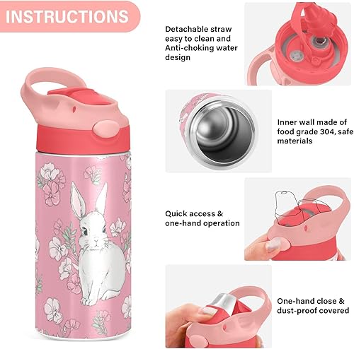 Miniatura 5 de Kigai Cute Bunny Rabbit - Botella de agua para niños, botellas de agua aisladas de acero inoxidable con tapa con popote, 12 onzas, sin BPA, a prueba
