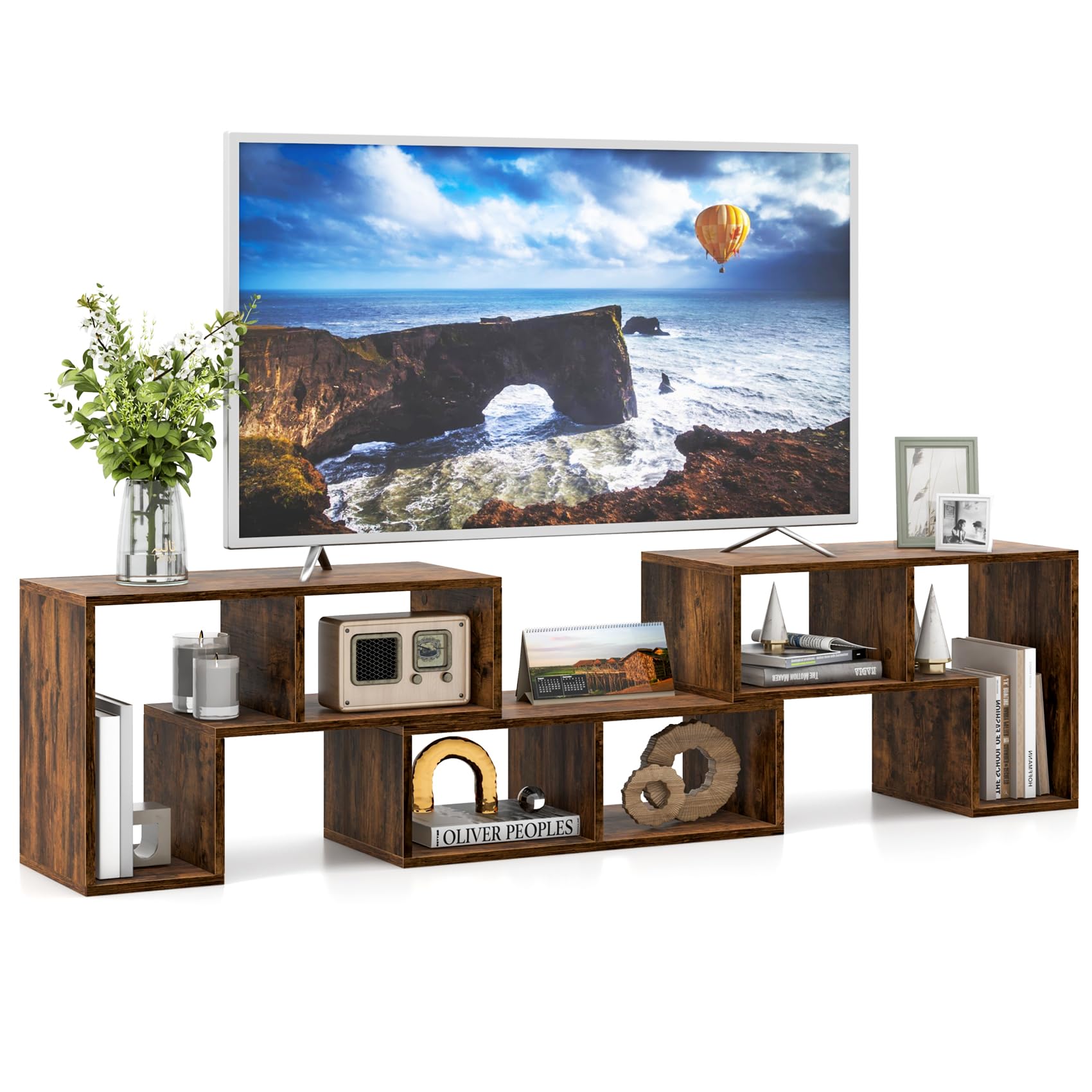 GYMAX Mobile TV a 3 Pezzi, per TV Fino a 65’’, Liberamente Combinabile, per Soggiorno, Camera da Letto, 134 x 30 x 43 cm (MARRONE)