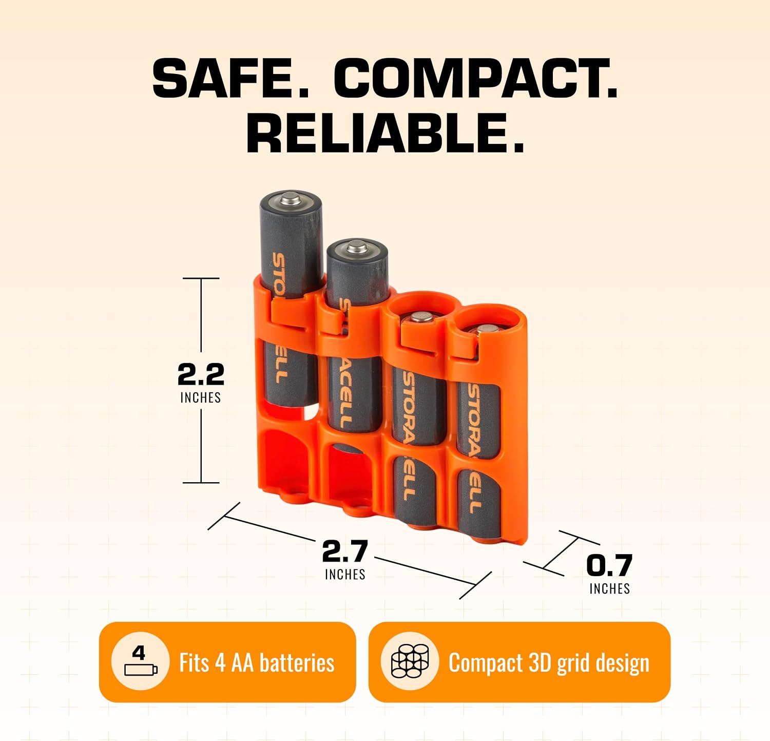 AA Battery Storage Caddy by Storacell, Orange, Holds 4 Batteries (Not included)