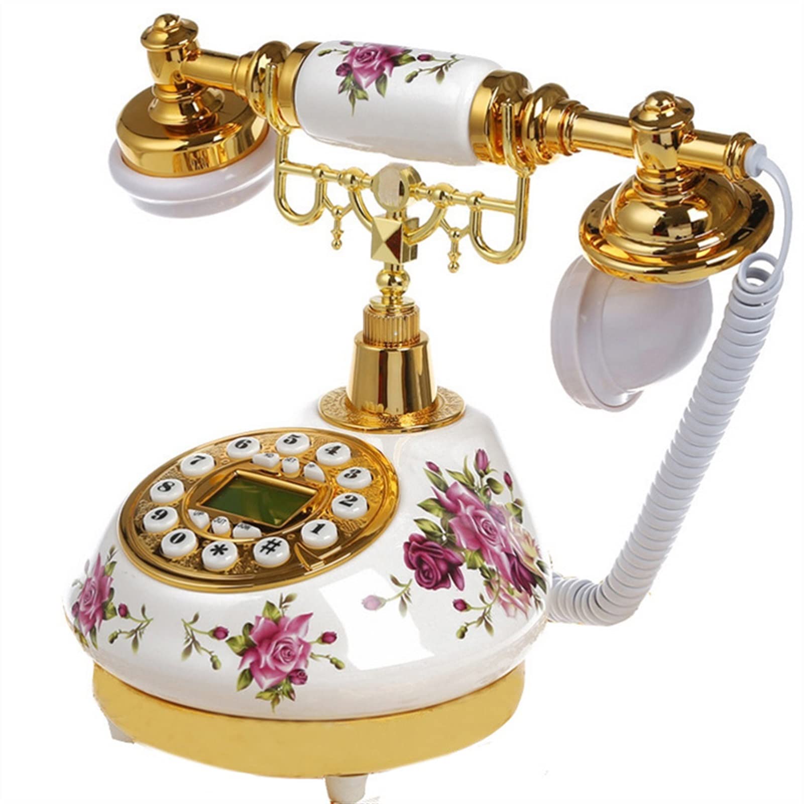 Telefon stacjonarny w stylu retro， Metalowy telefon z przyciskiem, telefon stacjonarny retro z identyfikatorem dzwoniącego, kwiatowy wzór do biura domowego i hotelu