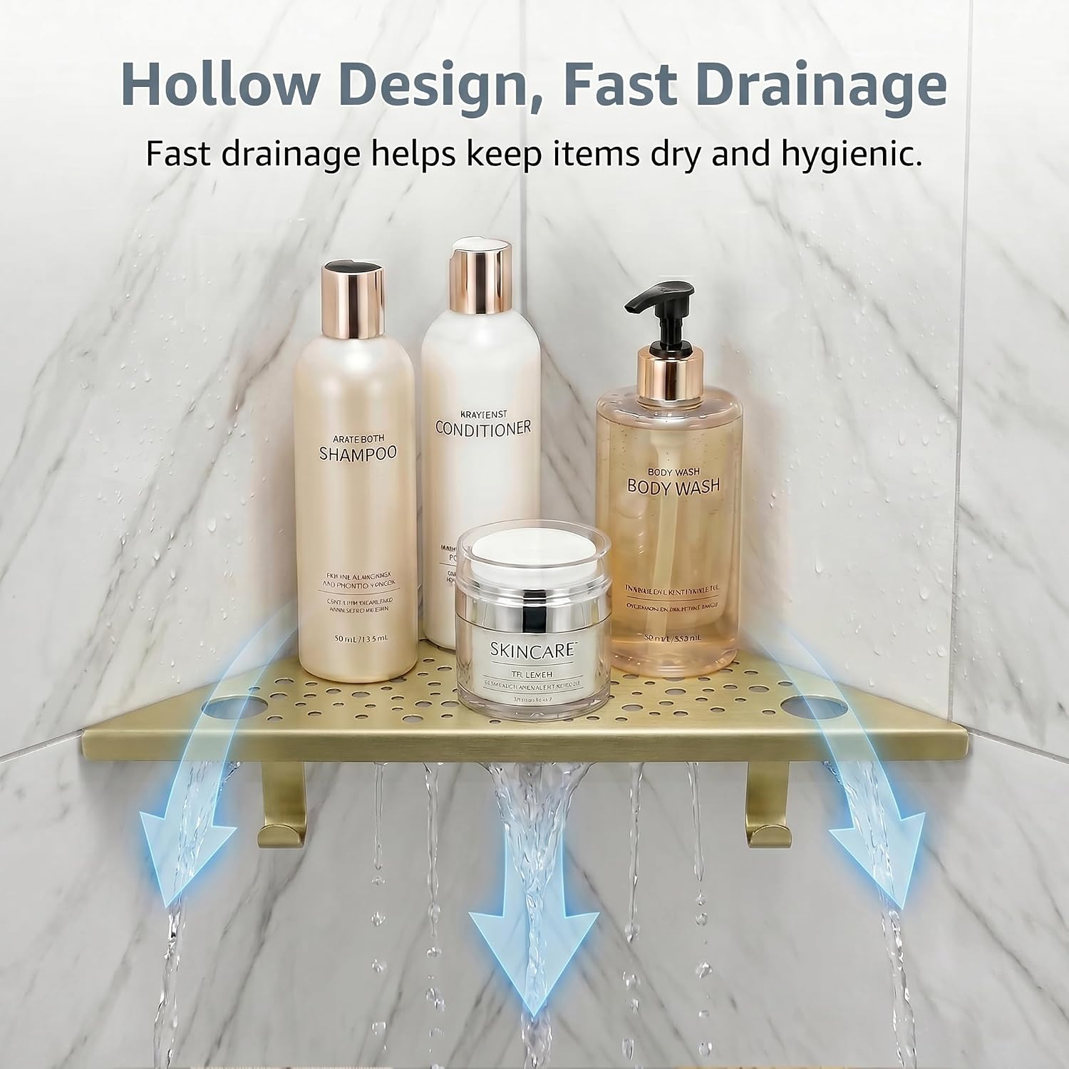 HIDROP 2 Pack Corner Shower Shelves with 4 Hooks & 4 Razor Holes, 10" Stainless Steel Bathroom Corner Shelf, Embed into Tile Gap Shower Corner Shelf for Tile Walls (Brushed Gold)