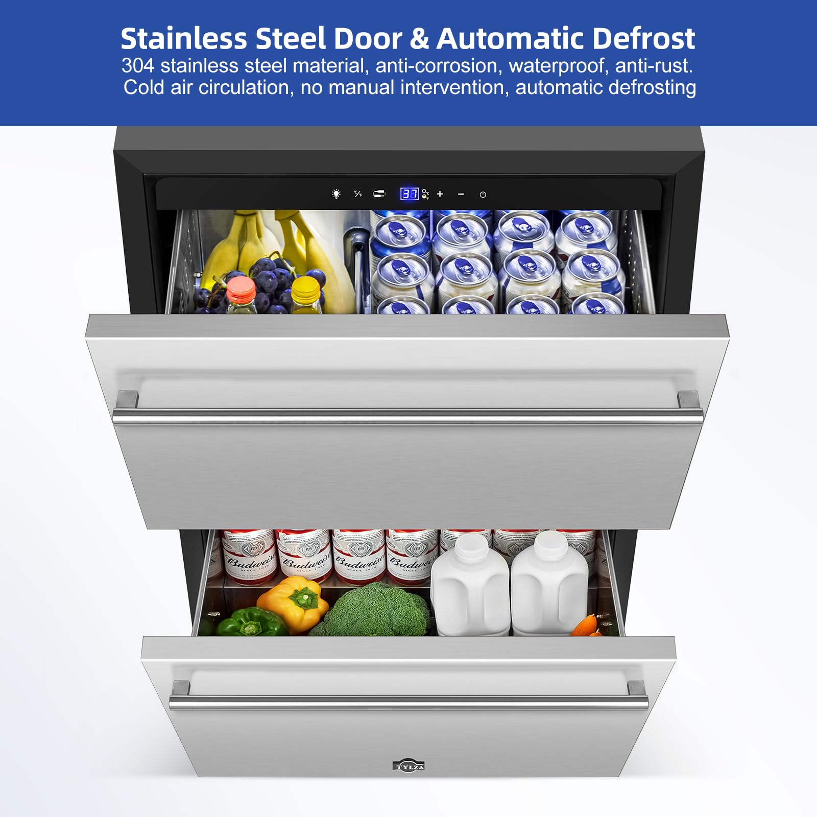 Tylza 24 Inch Under Counter Drawer Fridge, Built-In Beverage Refrigerator For Home And Commercial Use, Stainless Steel Door, Fast Cooling, Low Noise, 37-65 °F on Fridge.com - View 5
