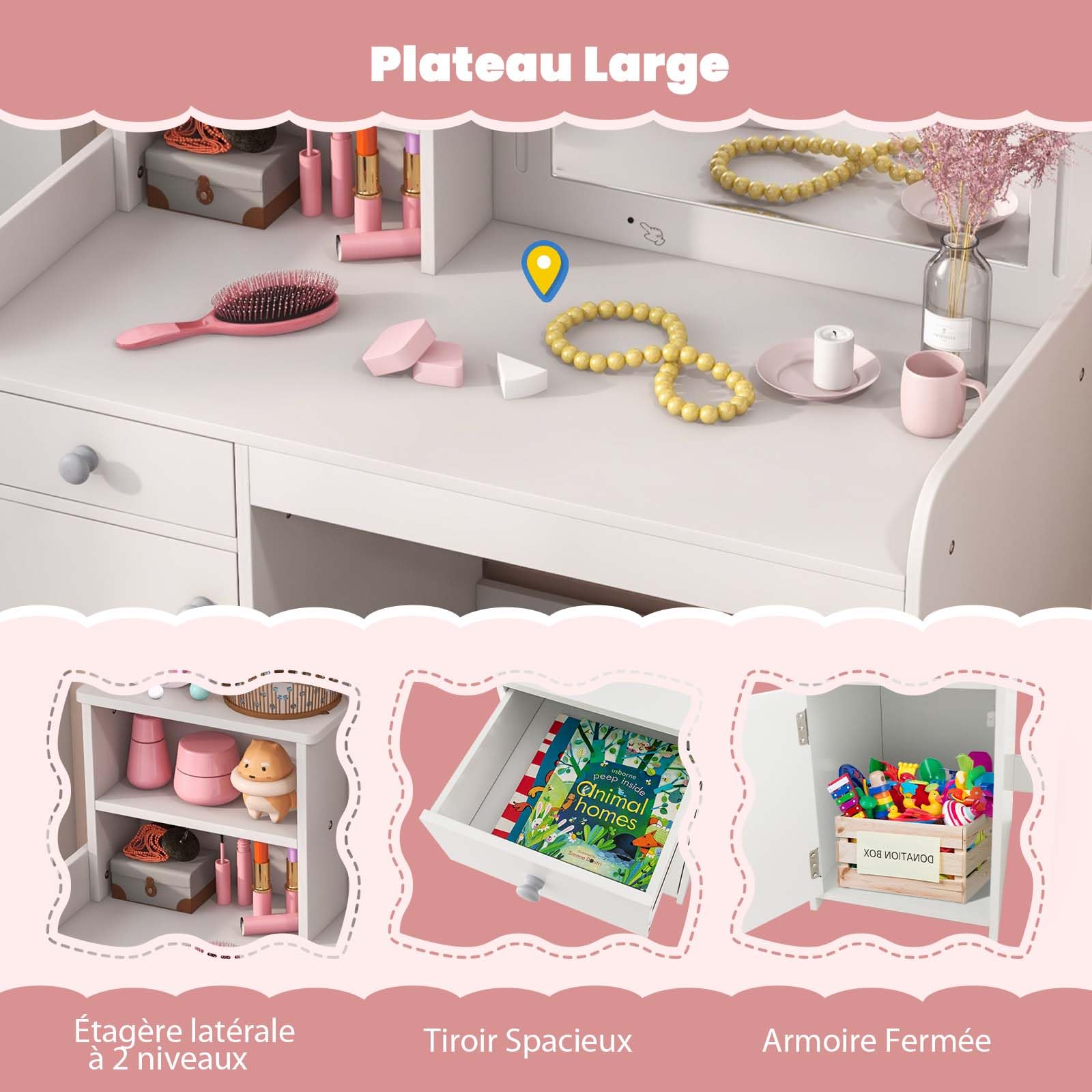 DREAMADE Coiffeuse Enfants Fille avec Tabouret&Lumières LED,2 en 1 Bureau Enfants 3+Ans avec Miroir&Dispositif Anti-Bascule,Table de Maquillage Princesse avec 2 Etagères&Tiroir,Charge 50KG (Blanc)