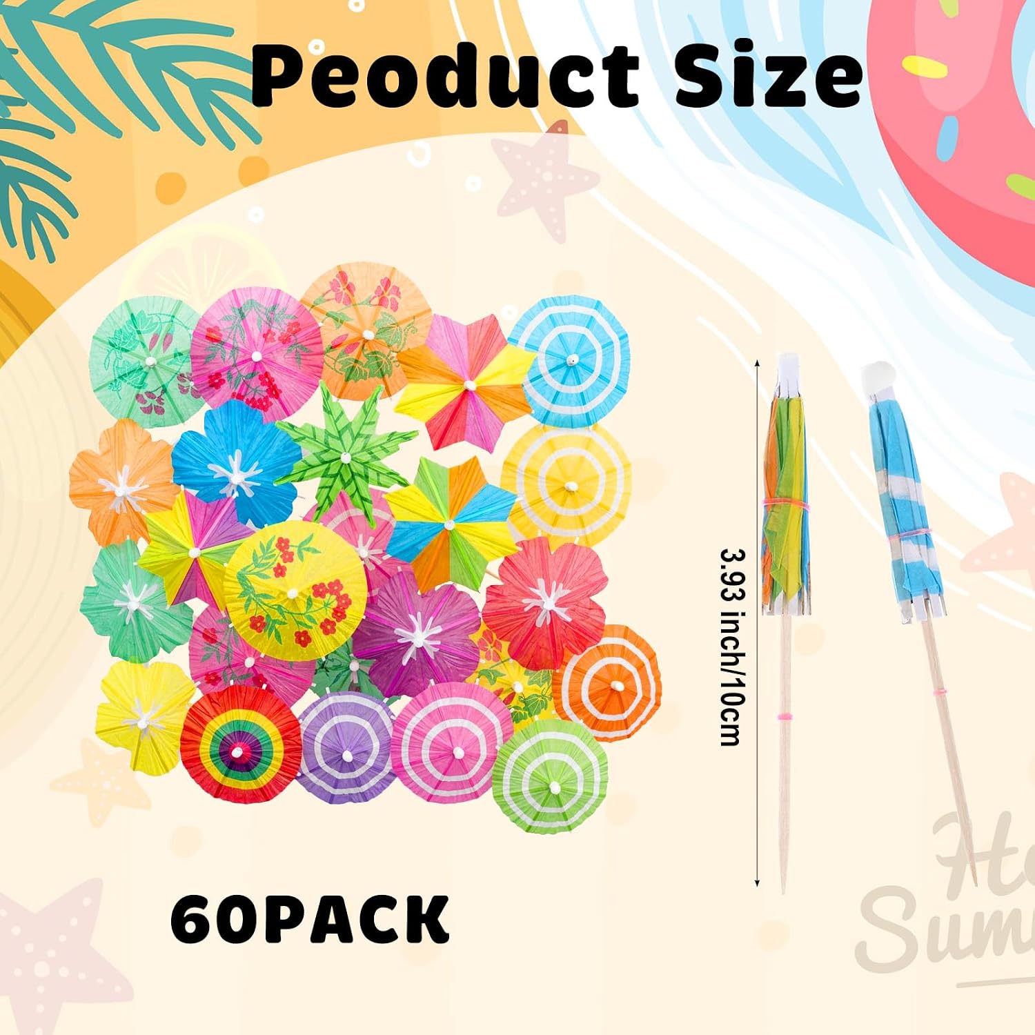 60Pcs Cocktail Umbrellas Colorful Cocktail Picks Fancy Toothpicks for Appetizers Decorative Bar Garnish Picks Bamboo Umbrella Food Sticks for Luau Parasols Hawaiian Fruit Party Decorations