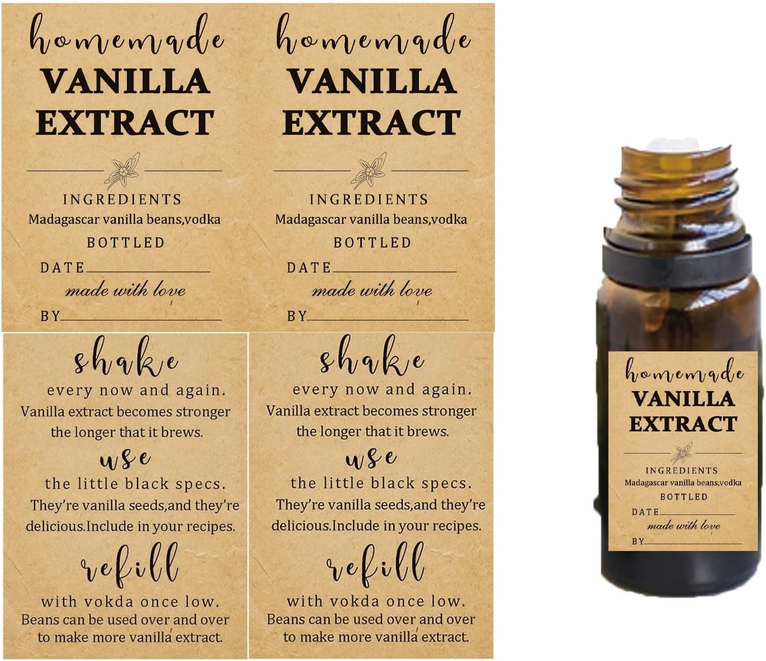 48 Pack Kraft Homemade Vanilla Extract Stickers 1.5×2 inch Square Vanilla Instruction Labels Madagascar Vanilla Beans and Vodka Extract Stickers for Handcrafted Vanilla Bottles,Jar Kitchen Pantry